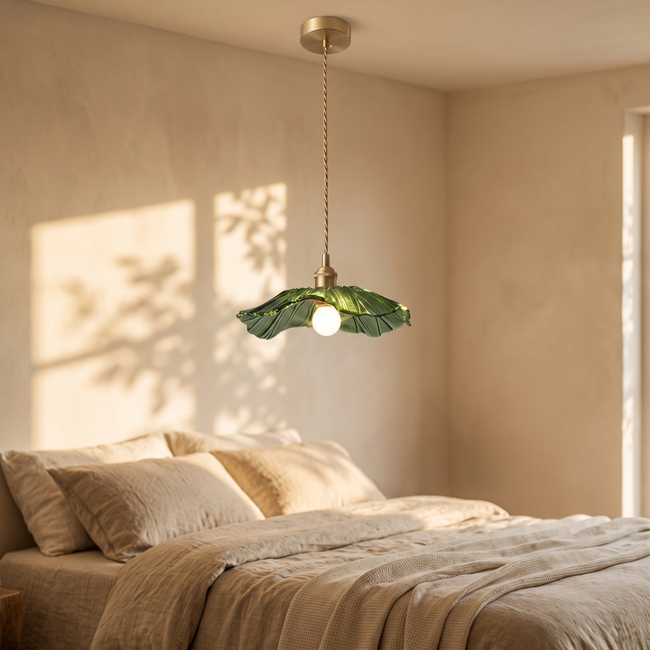 Ninfea pendant above a linen dressed bed