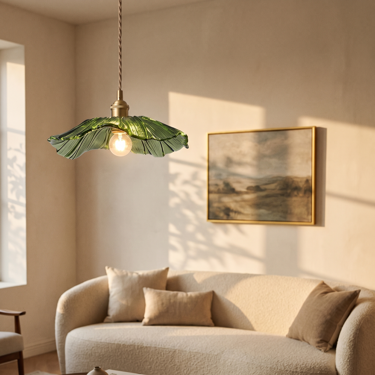 Ninfea pendant on plaster beside a landscape painting