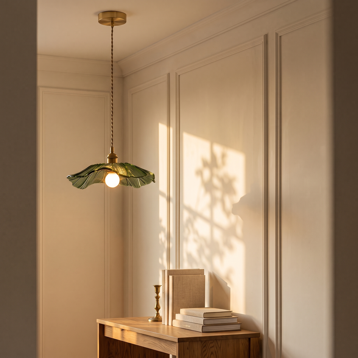 Ninfea pendant in a panelled hallway above an oak console