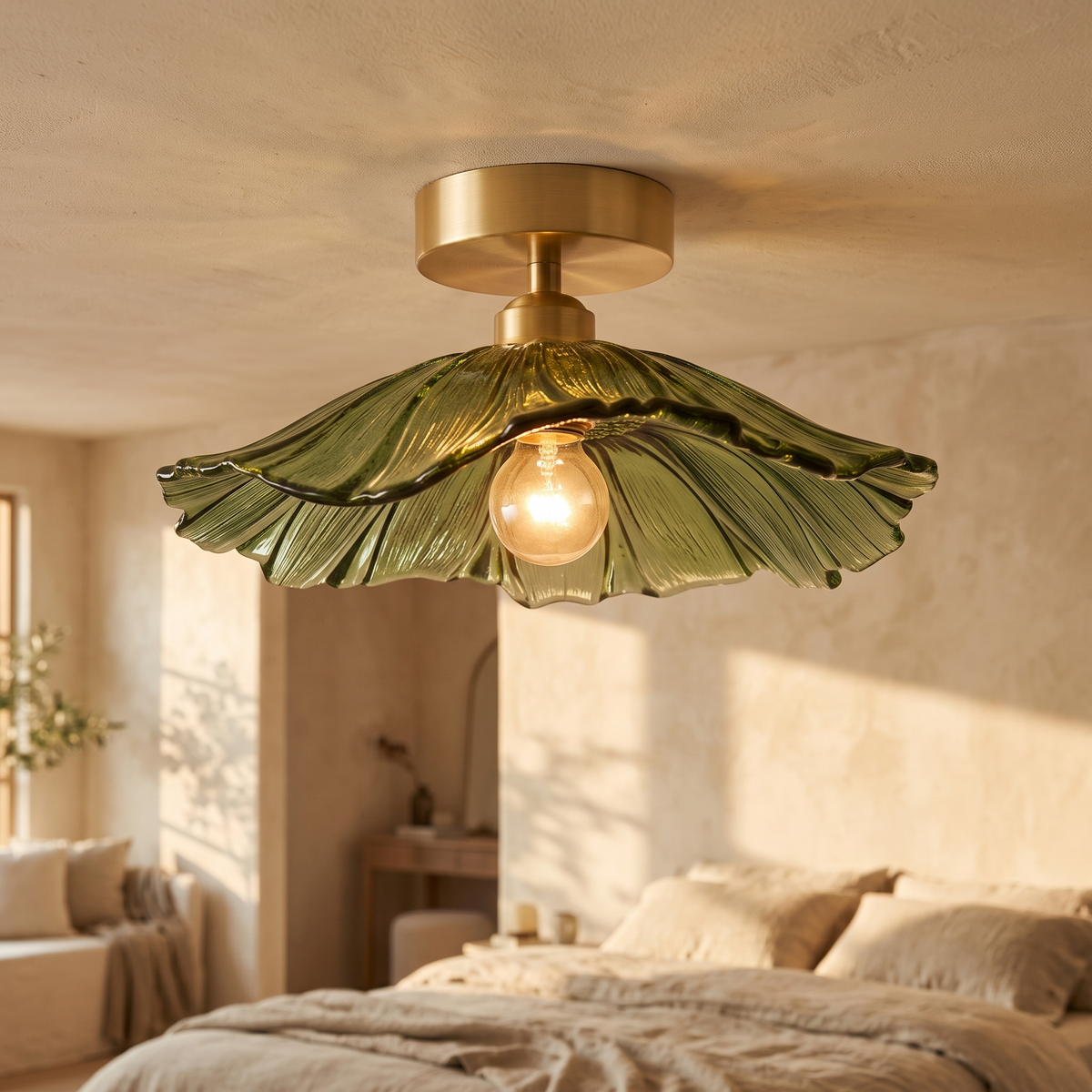 Ninfea flush mount above a linen dressed bed
