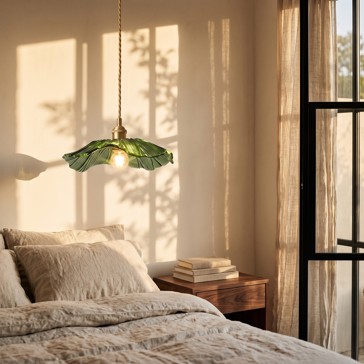 Ninfea pendant above a bedside in a linen bedroom