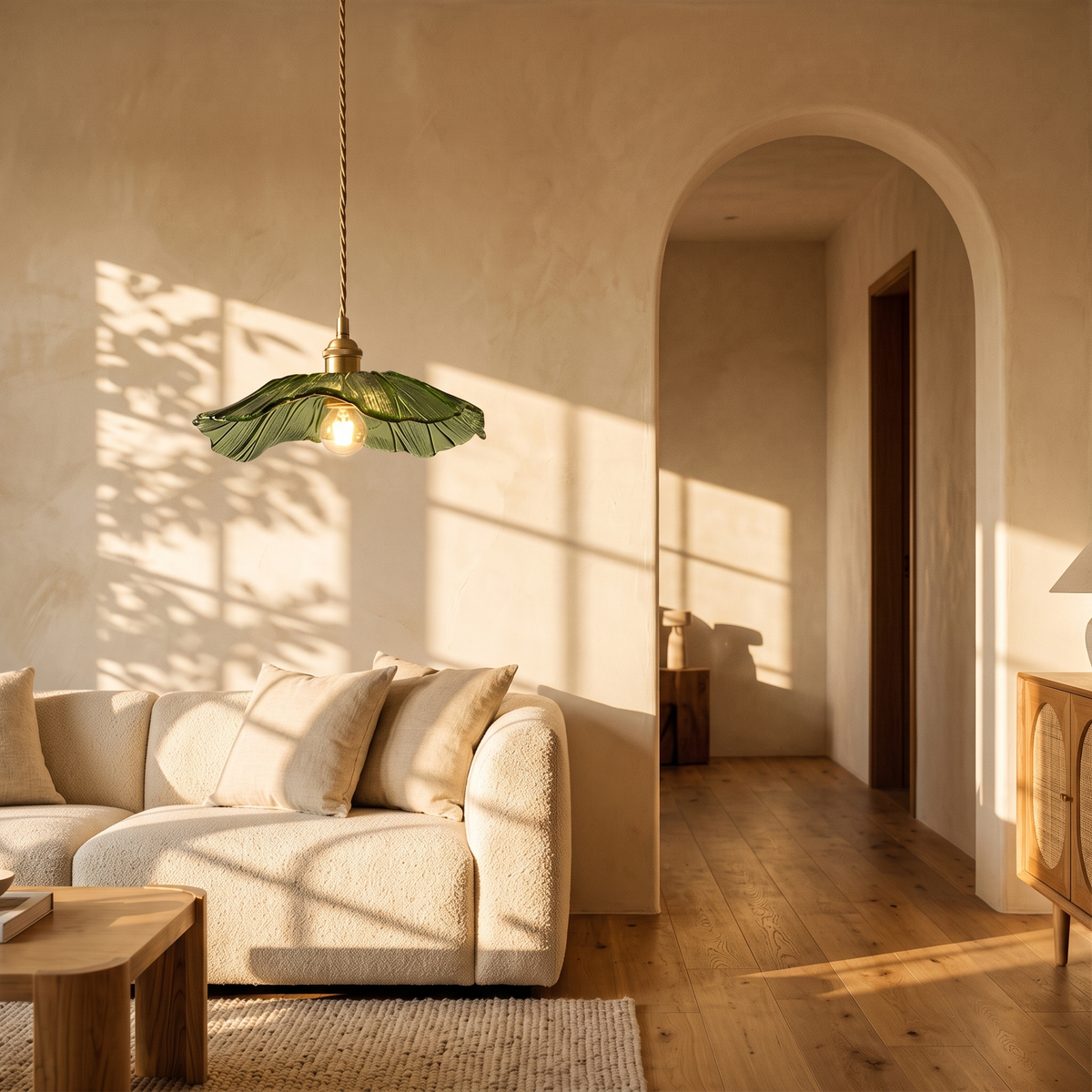 Ninfea pendant in a living room above a boucle sofa