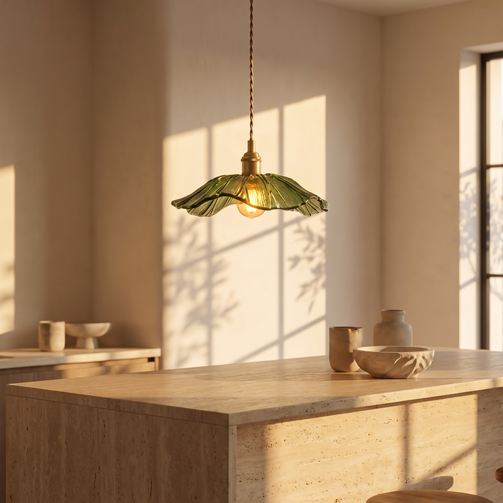 Ninfea pendant above a travertine kitchen island