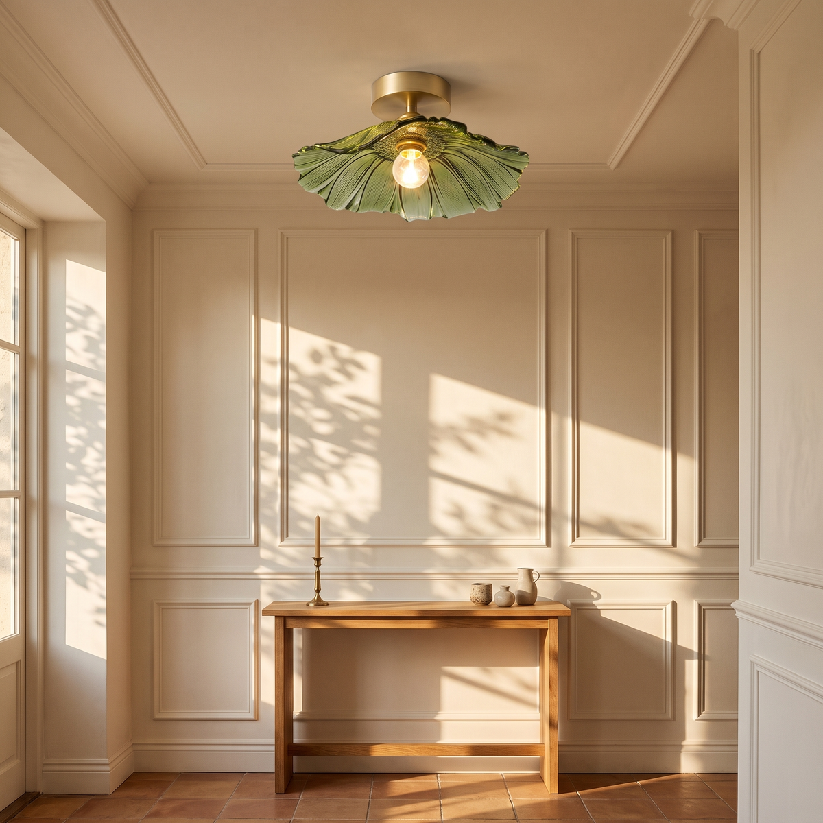 Ninfea flush mount in a panelled room above an oak console