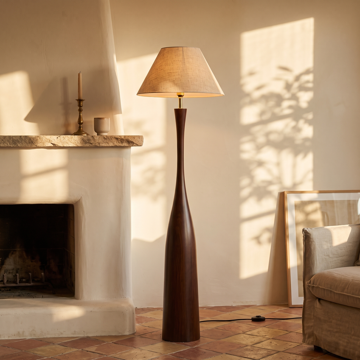Morella floor lamp beside a plaster fireplace