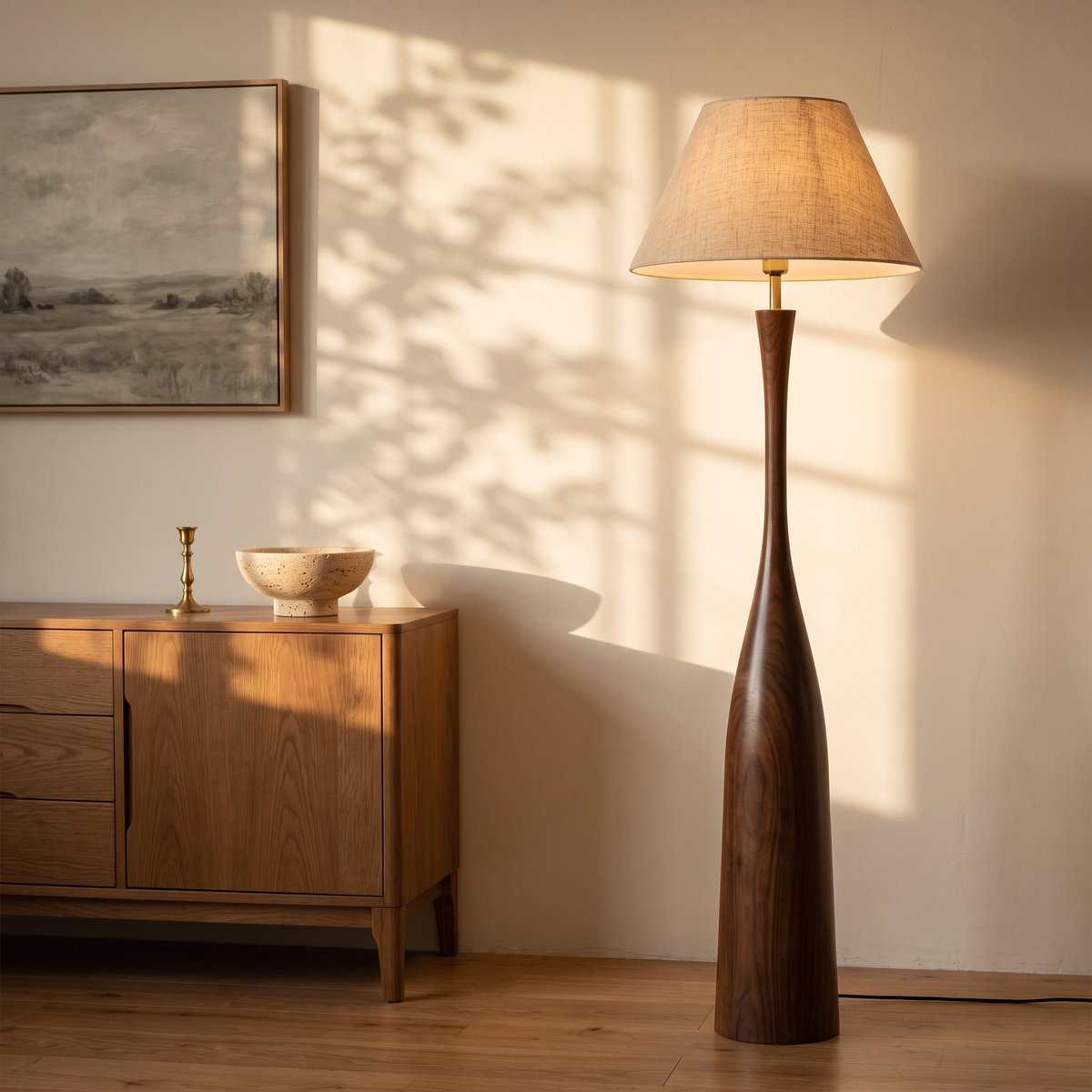 Morella floor lamp flanking an oak sideboard