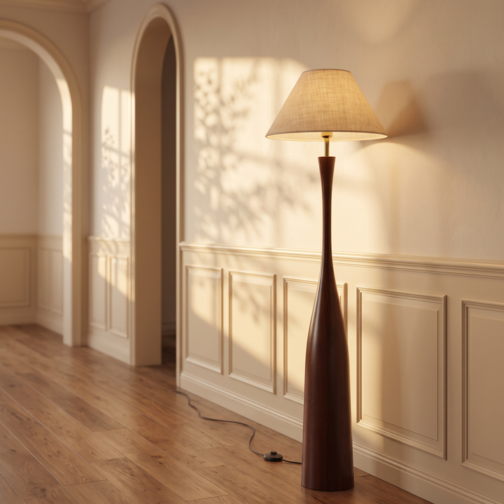 Morella floor lamp in a wainscoted hallway
