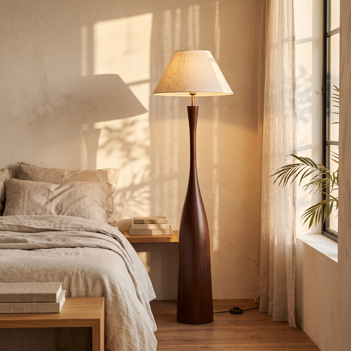 Morella floor lamp beside a linen-dressed bed