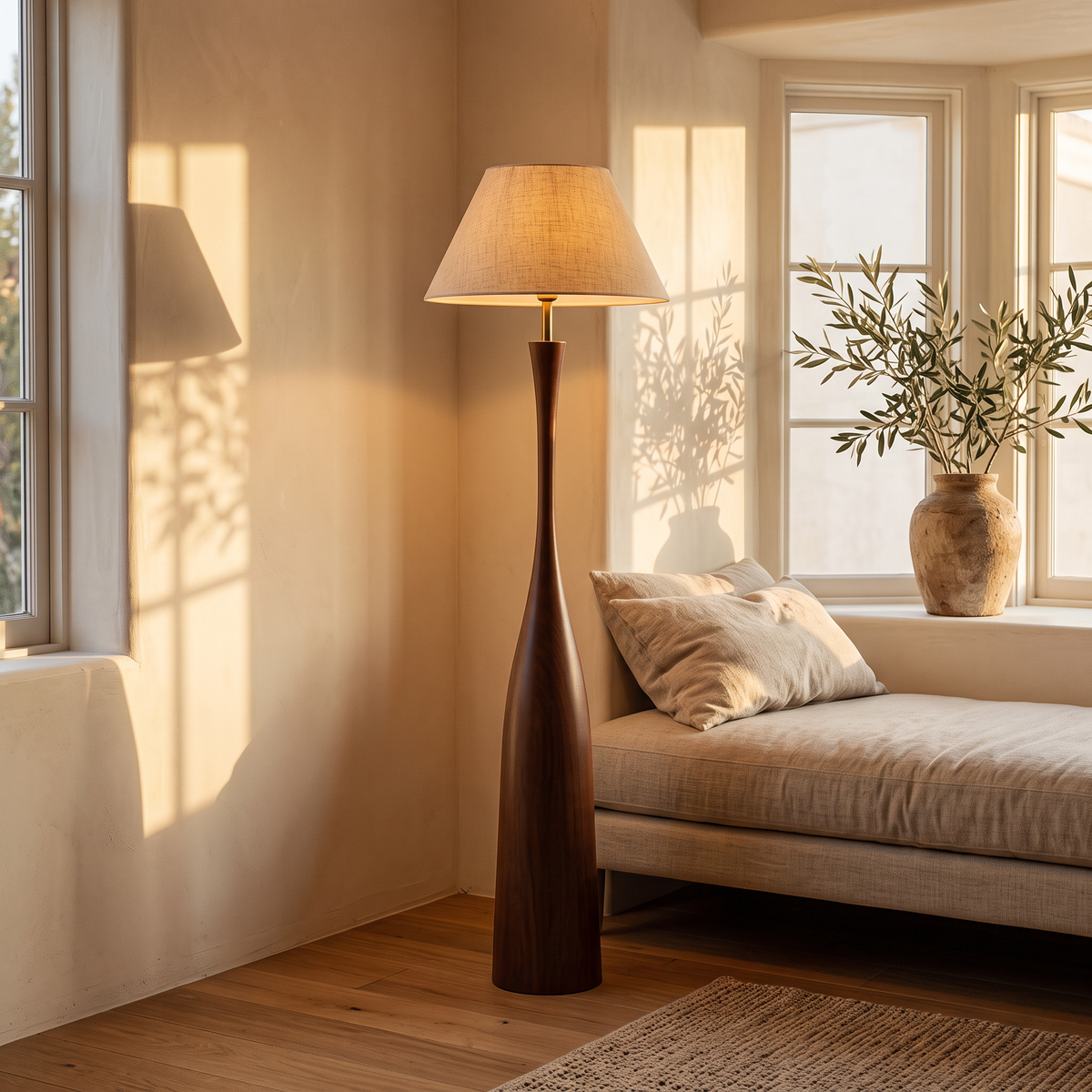 Morella floor lamp beside a linen daybed in a bay window