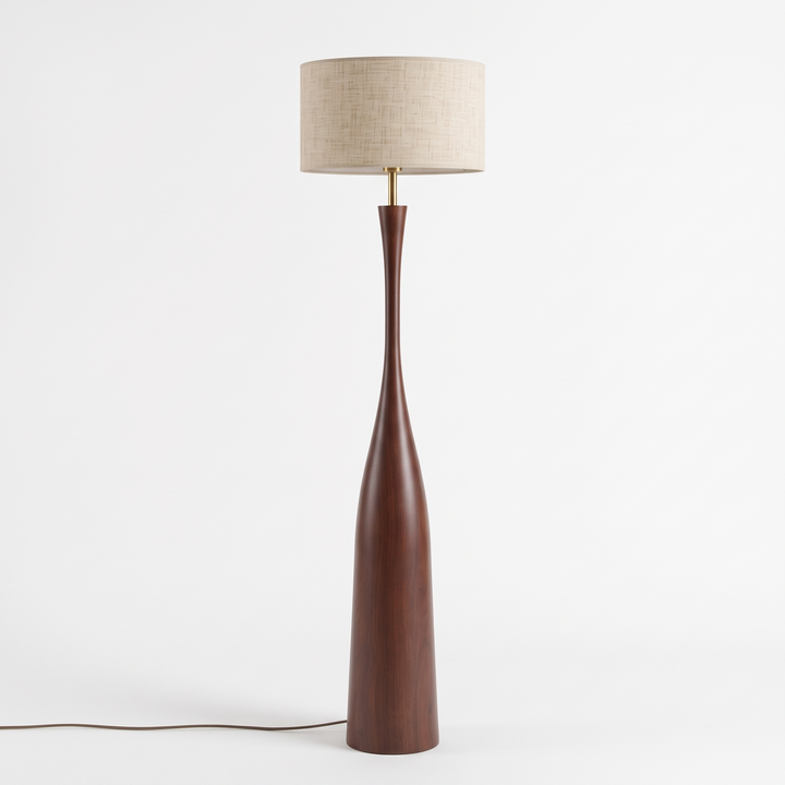 Morella tapered fabric drum floor lamp on white studio background