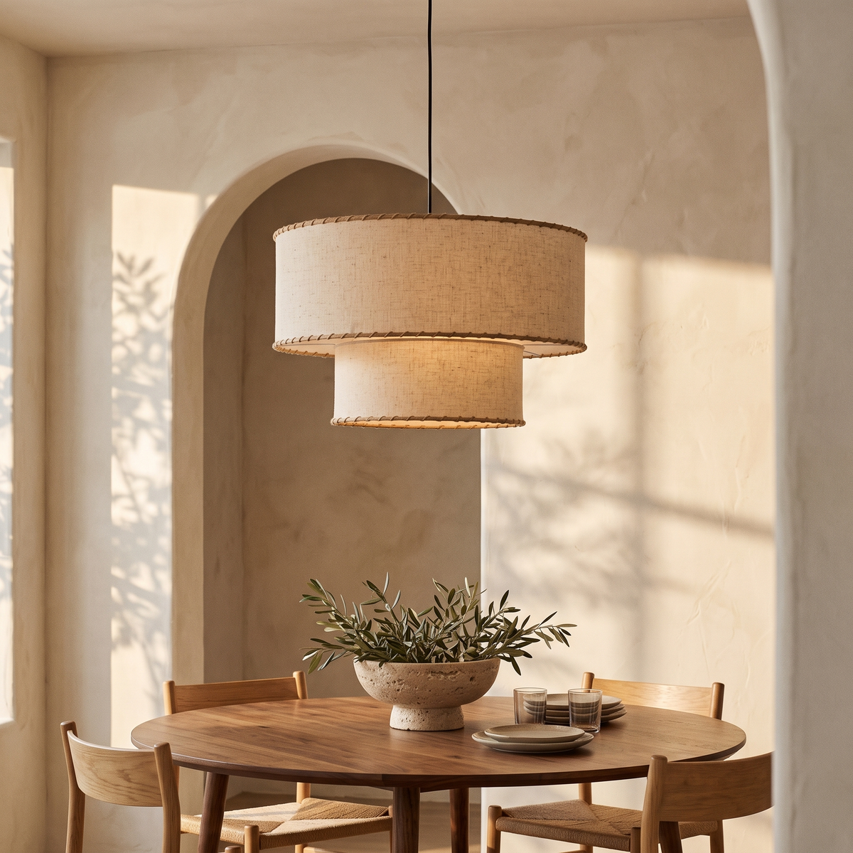 Rivelle pendant light above a round walnut dining table