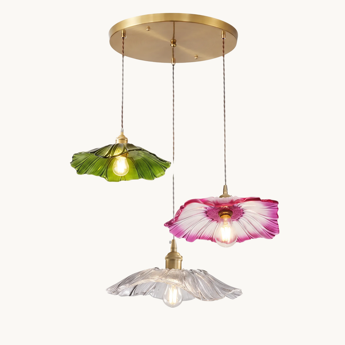 Calyssa three-light petal glass cluster pendant on a white studio background