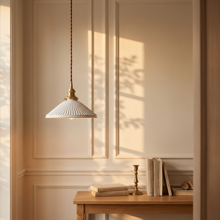 Bellora Cone pendant light in a panelled entryway above an oak console