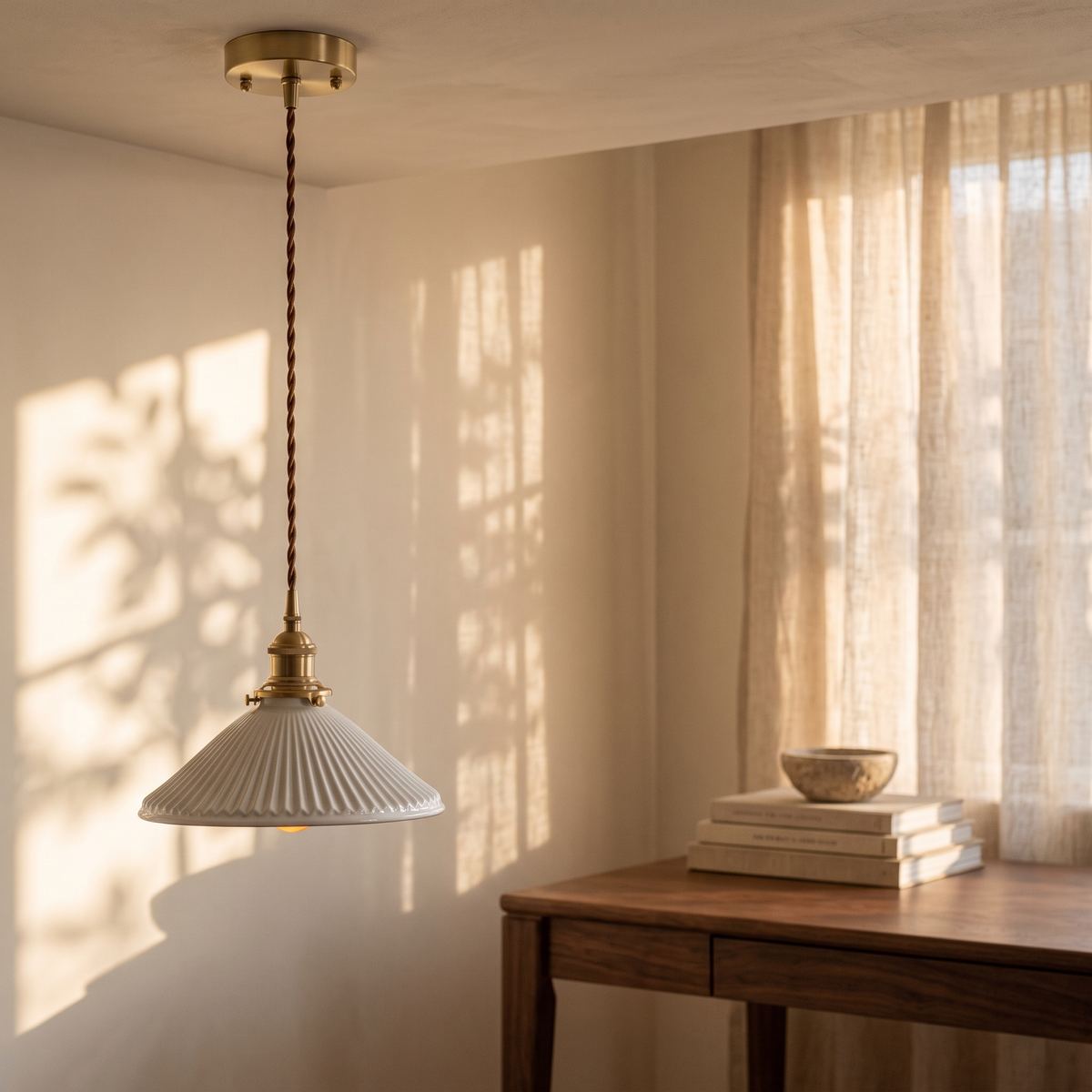 Bellora Cone pendant light above a walnut writing desk in a study