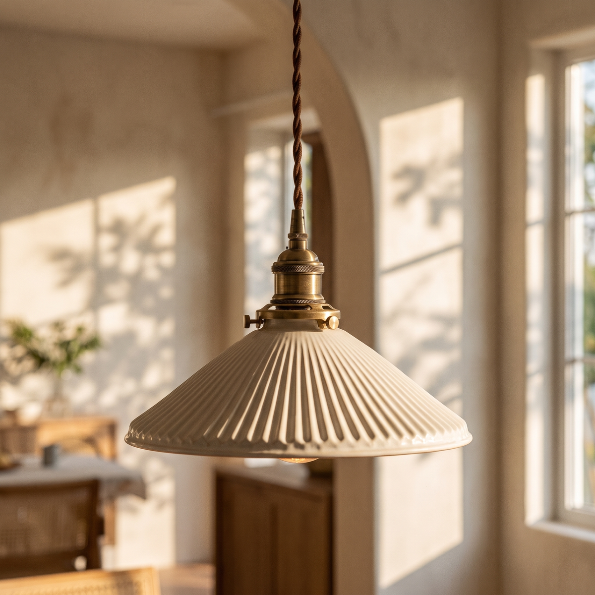 Close detail of the Bellora Cone fluted ceramic shade and brass collar
