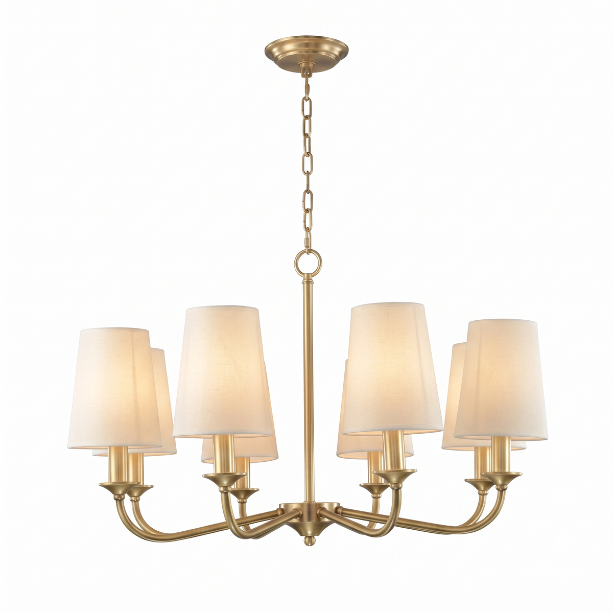 Caldera brass arm and fabric shade chandelier on a pure white background
