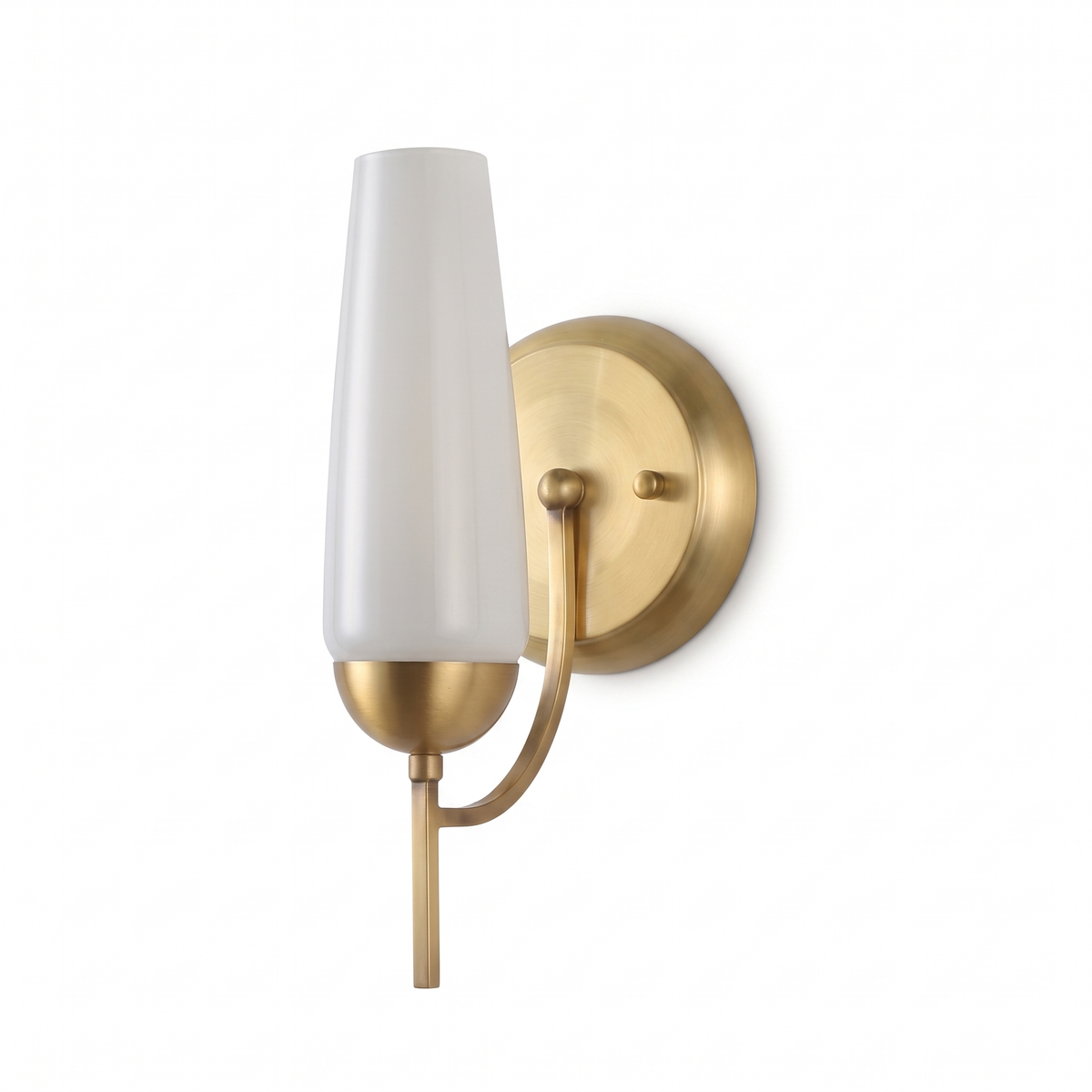 Avelira tapered opal glass and brass wall sconce on a pure white background