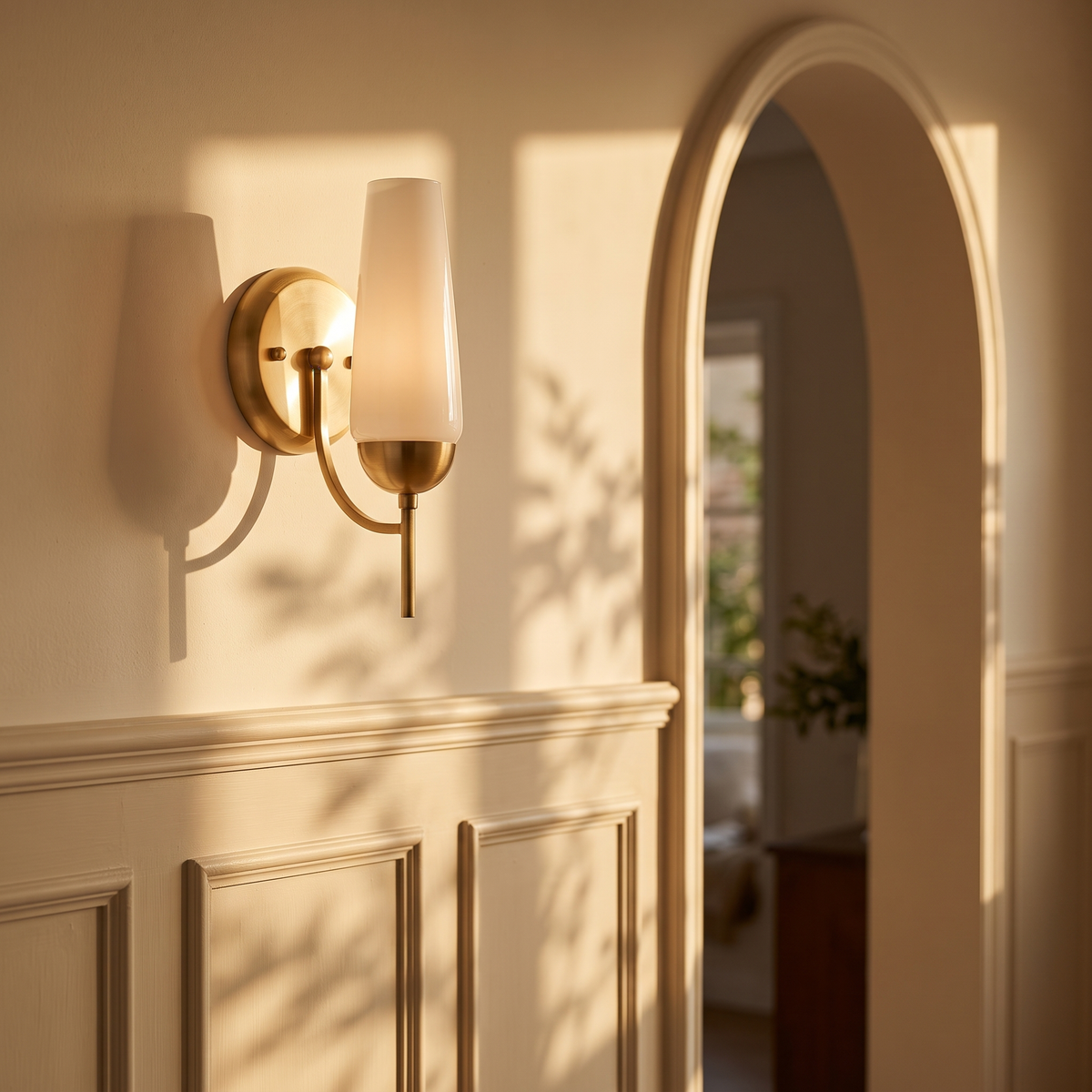Avelira wall sconce on a wainscoted wall beside an arched doorway