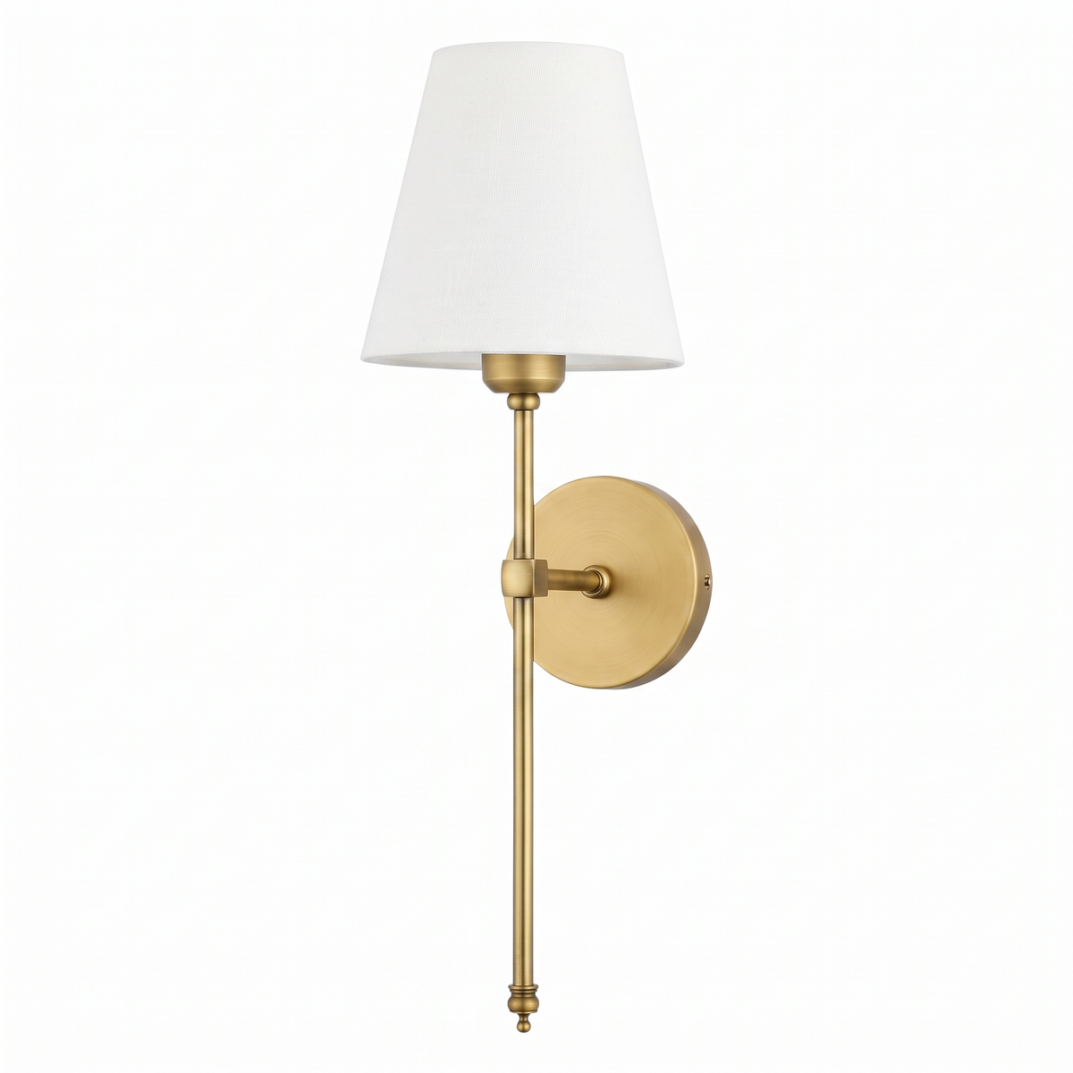 Verano slim brass and fabric shade wall sconce on a pure white studio background