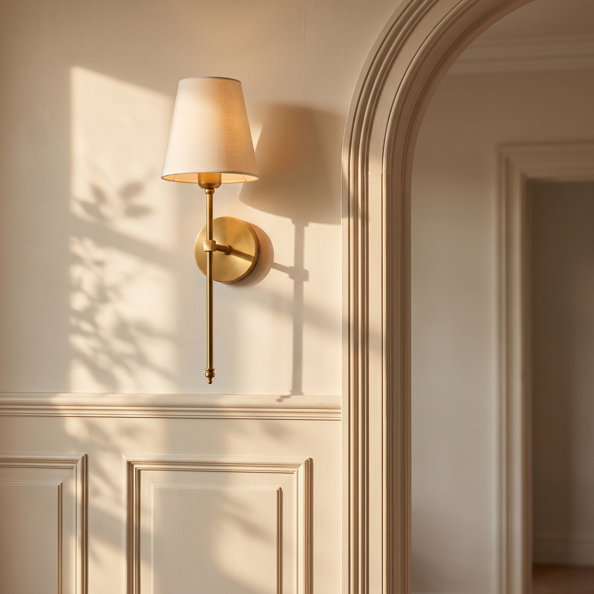 Verano brass wall sconce on a wainscoted wall beside an arched doorway