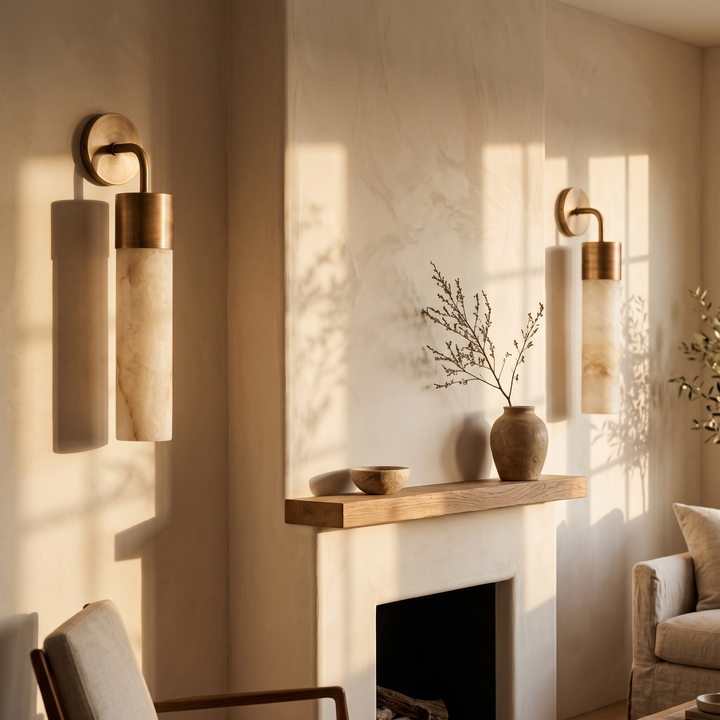 A pair of Tessara Long Tube wall sconces flanking a plastered chimney breast