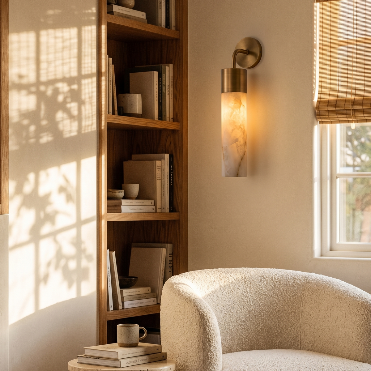 Tessara Long Tube wall sconce in copper beside an oak bookcase in a reading nook