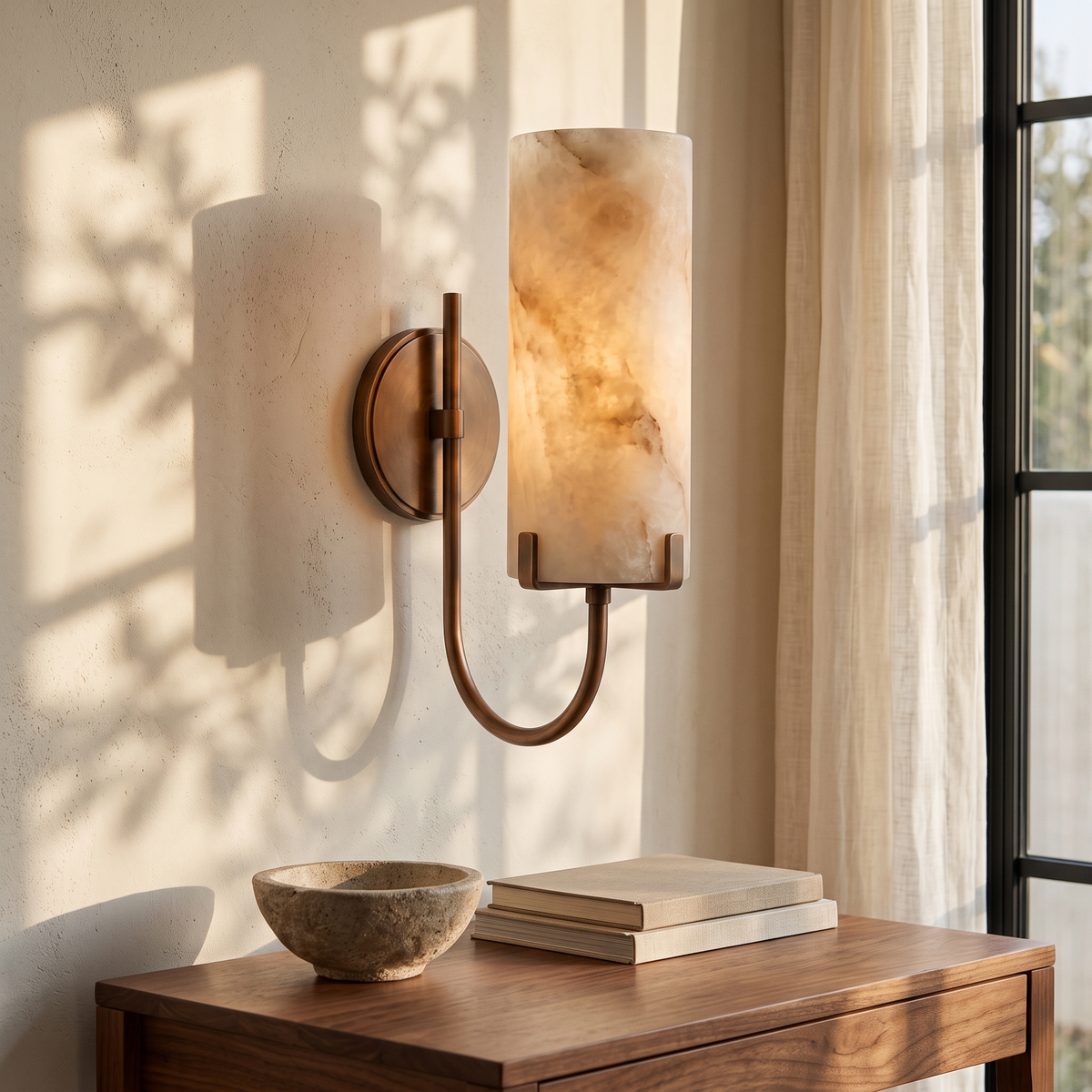 Tessara Loop marble wall sconce in copper above a walnut writing desk