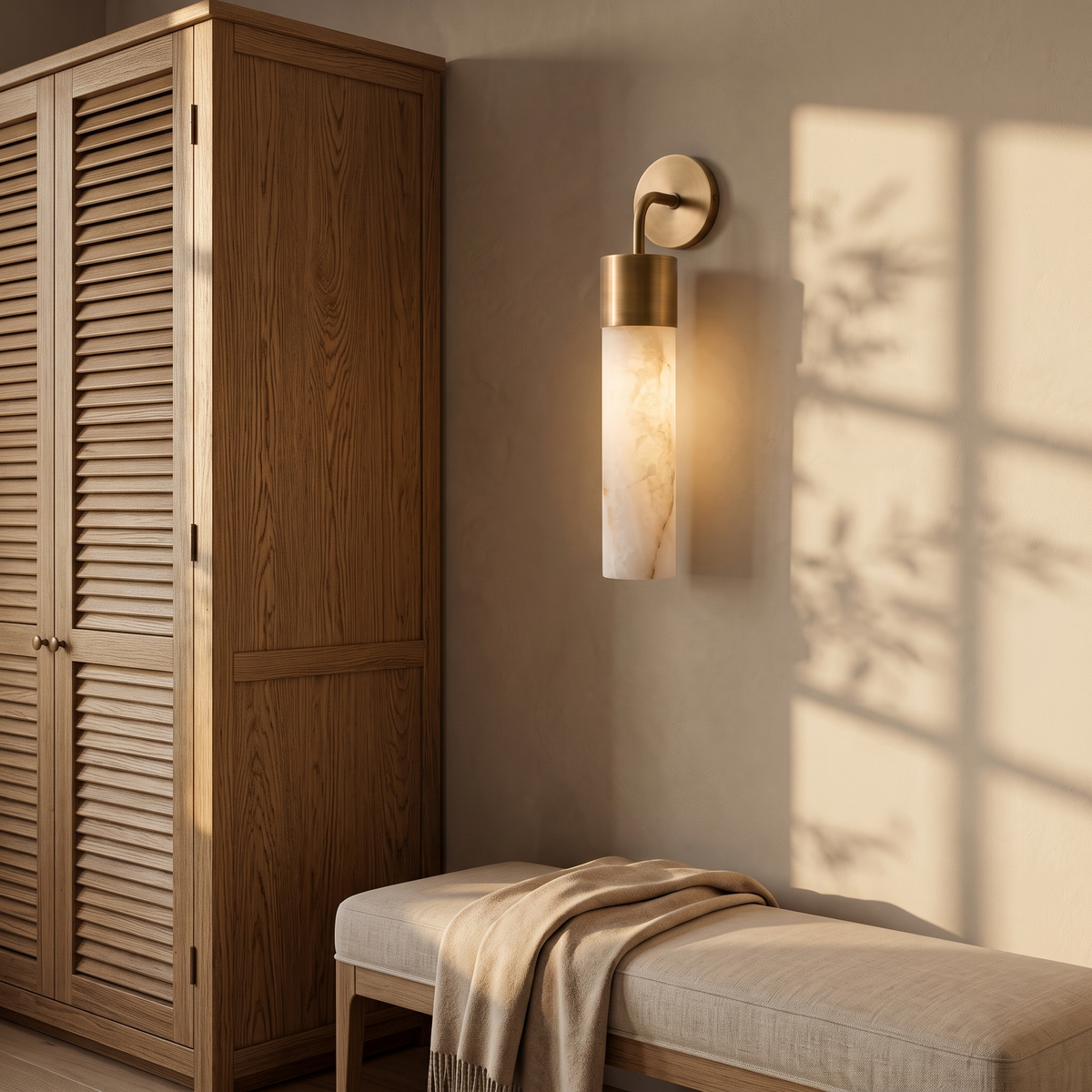 Tessara Long Tube wall sconce in a dressing room beside a slatted oak wardrobe