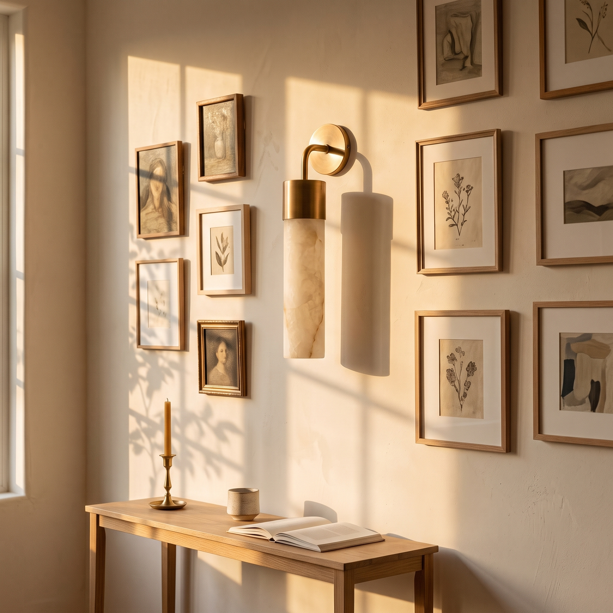 Tessara Long Tube wall sconce on a gallery wall above a narrow oak console