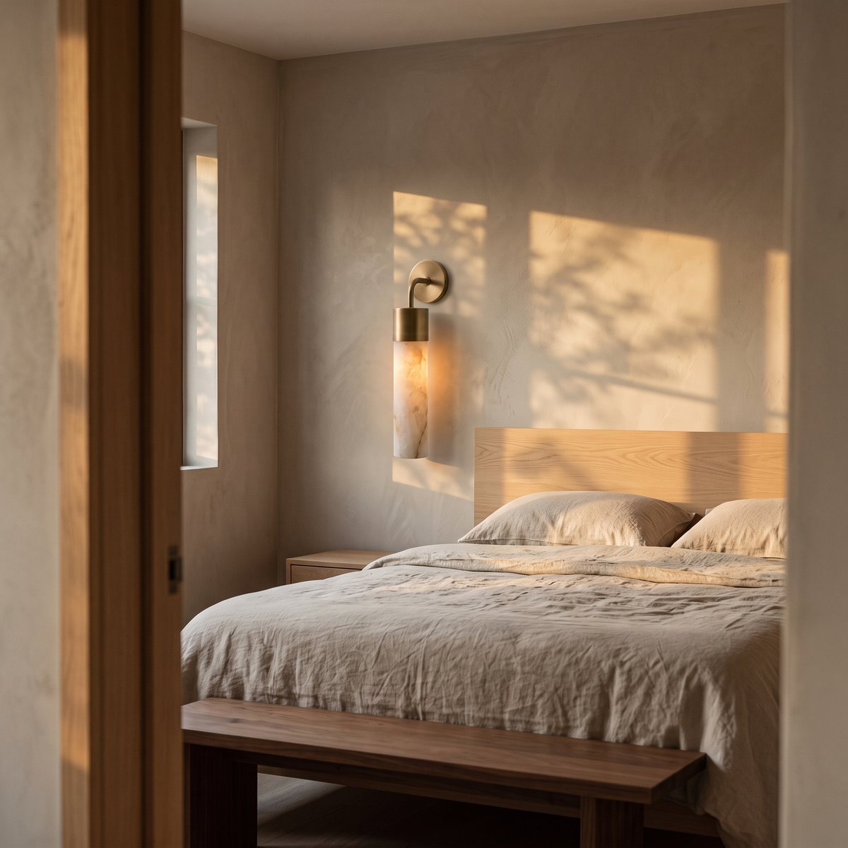 Tessara Long Tube wall sconce glowing above a pale oak headboard at dusk