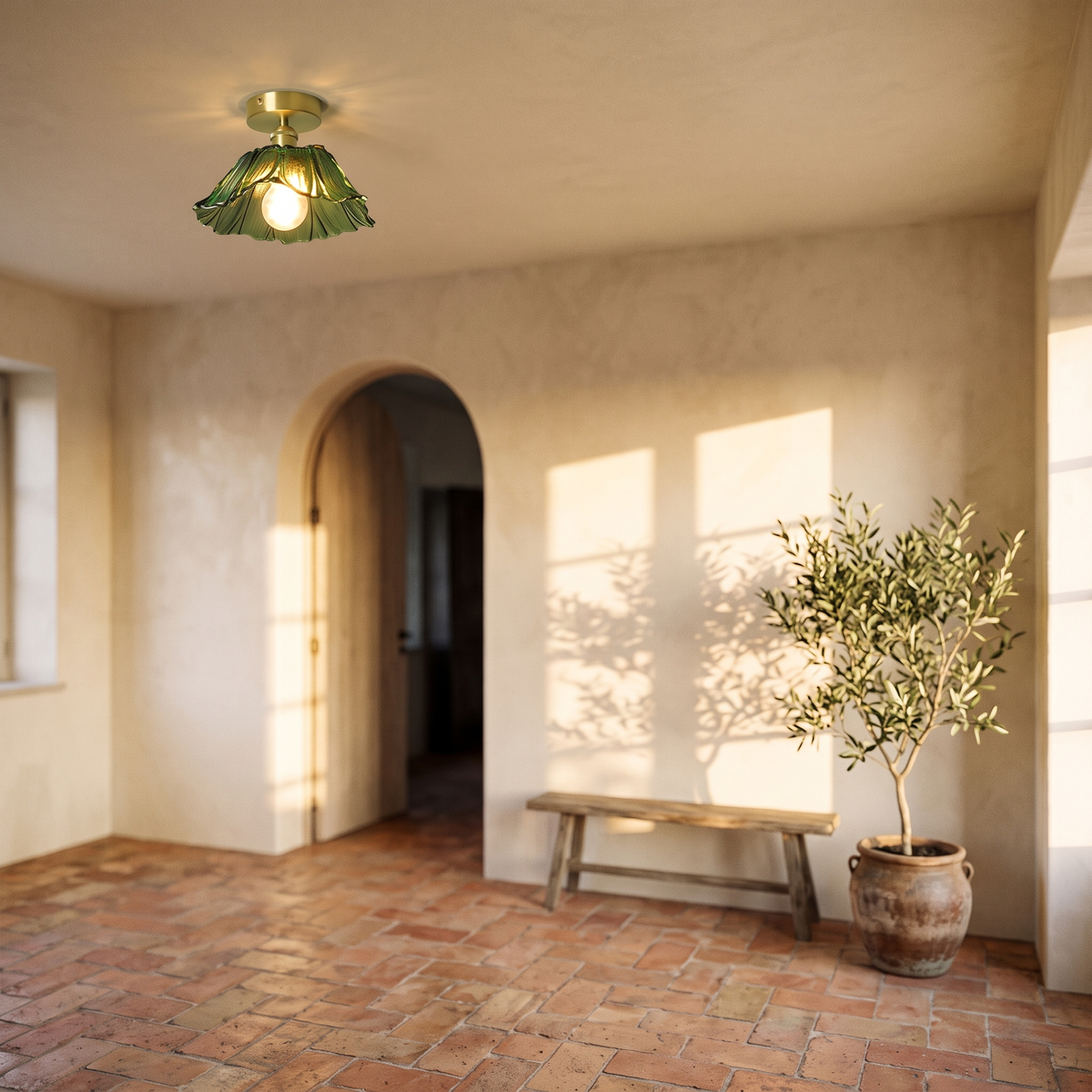 Fiorella Flush Mount in leaf green, large shade, in an arched room