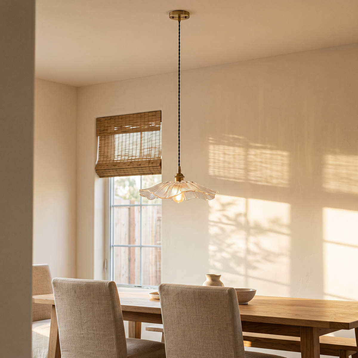 Fiorella Pendant in opal white, large shade, over a long oak dining table