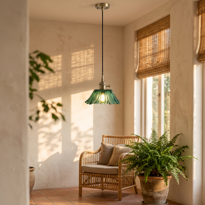 Fiorella Pendant in leaf green, large shade, in a garden room