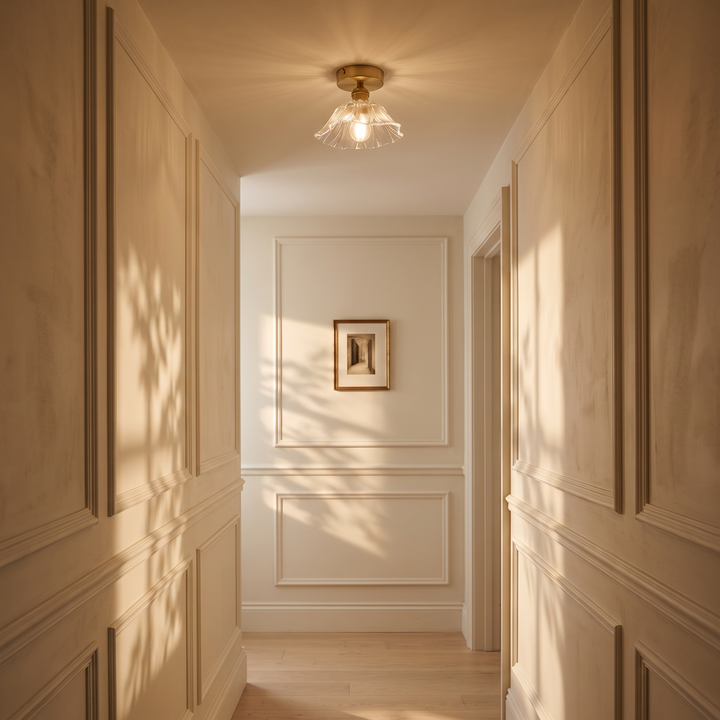 Fiorella Flush Mount in opal white, small shade, in a hallway