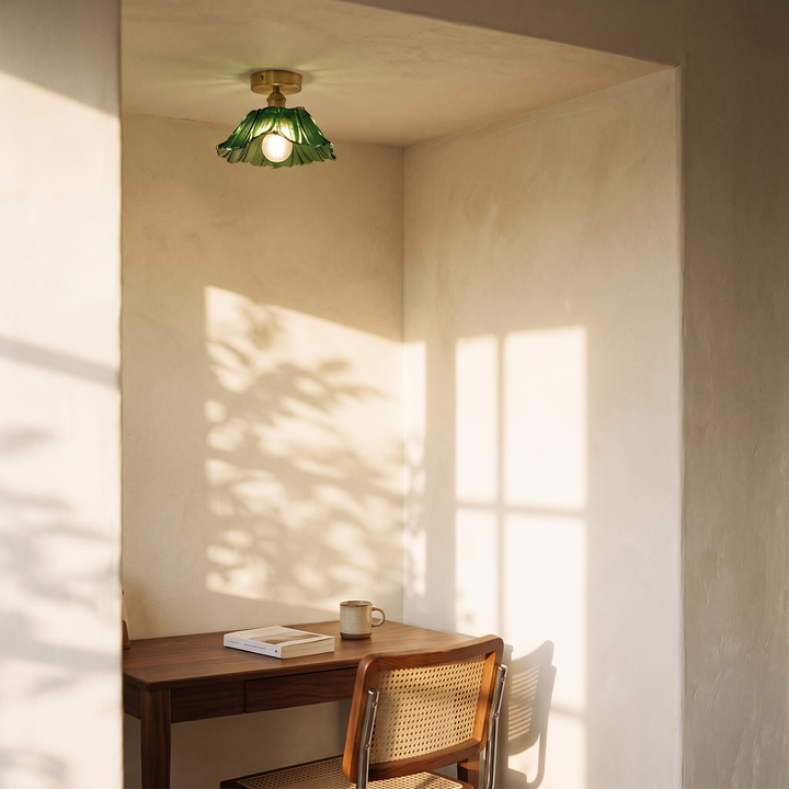 Fiorella Flush Mount in leaf green, small shade, in a home office alcove