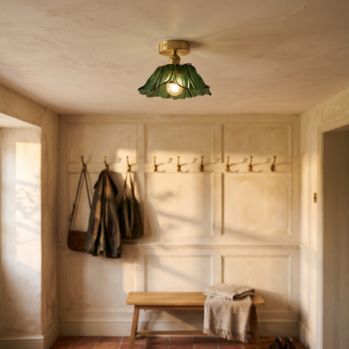 Fiorella Flush Mount in leaf green, small shade, in a boot room