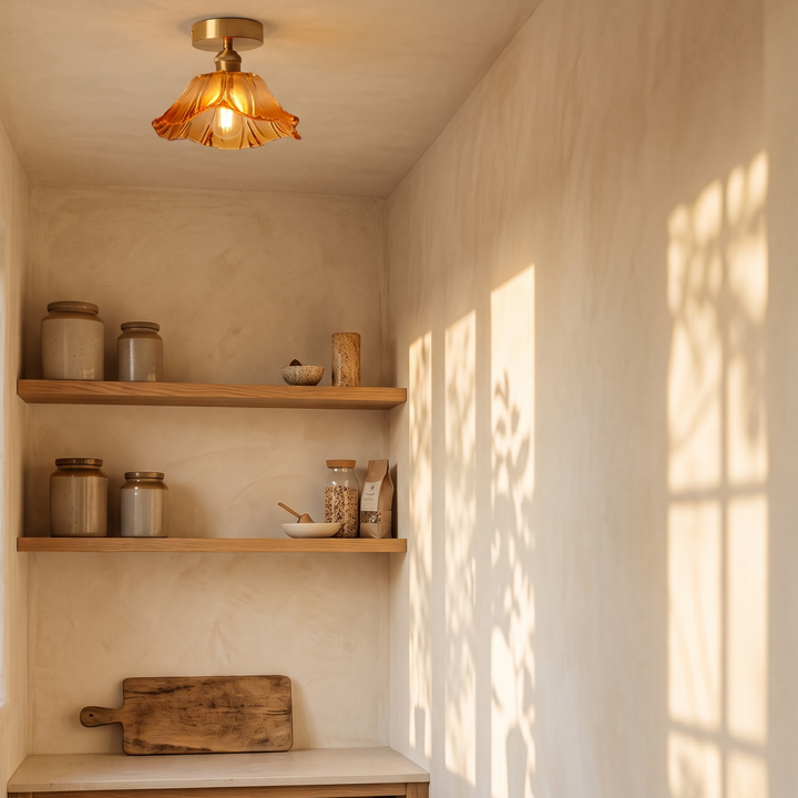 Fiorella Flush Mount in honey amber, small shade, in a pantry