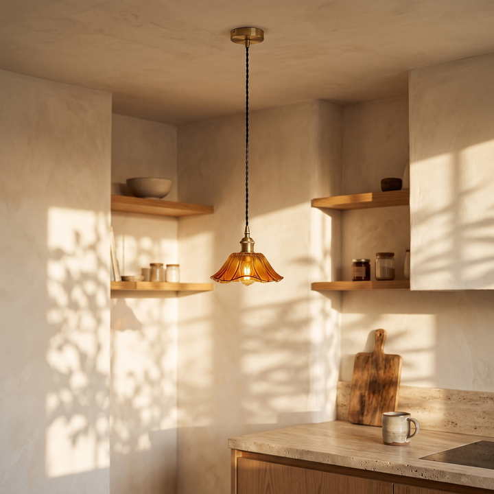 Fiorella Pendant in honey amber, small shade, in a kitchen nook