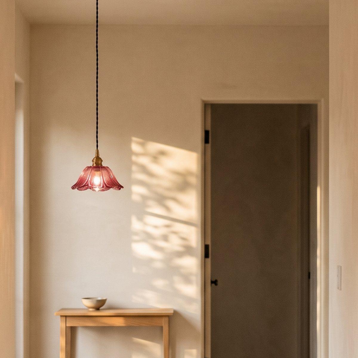 Fiorella Pendant in dusty mauve, small shade, in a hallway