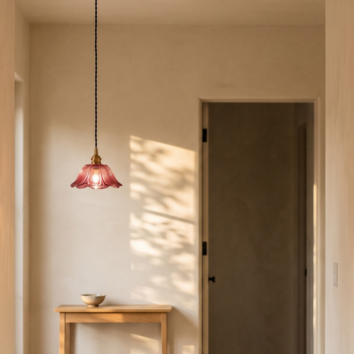 Fiorella Pendant in dusty mauve, small shade, in a hallway