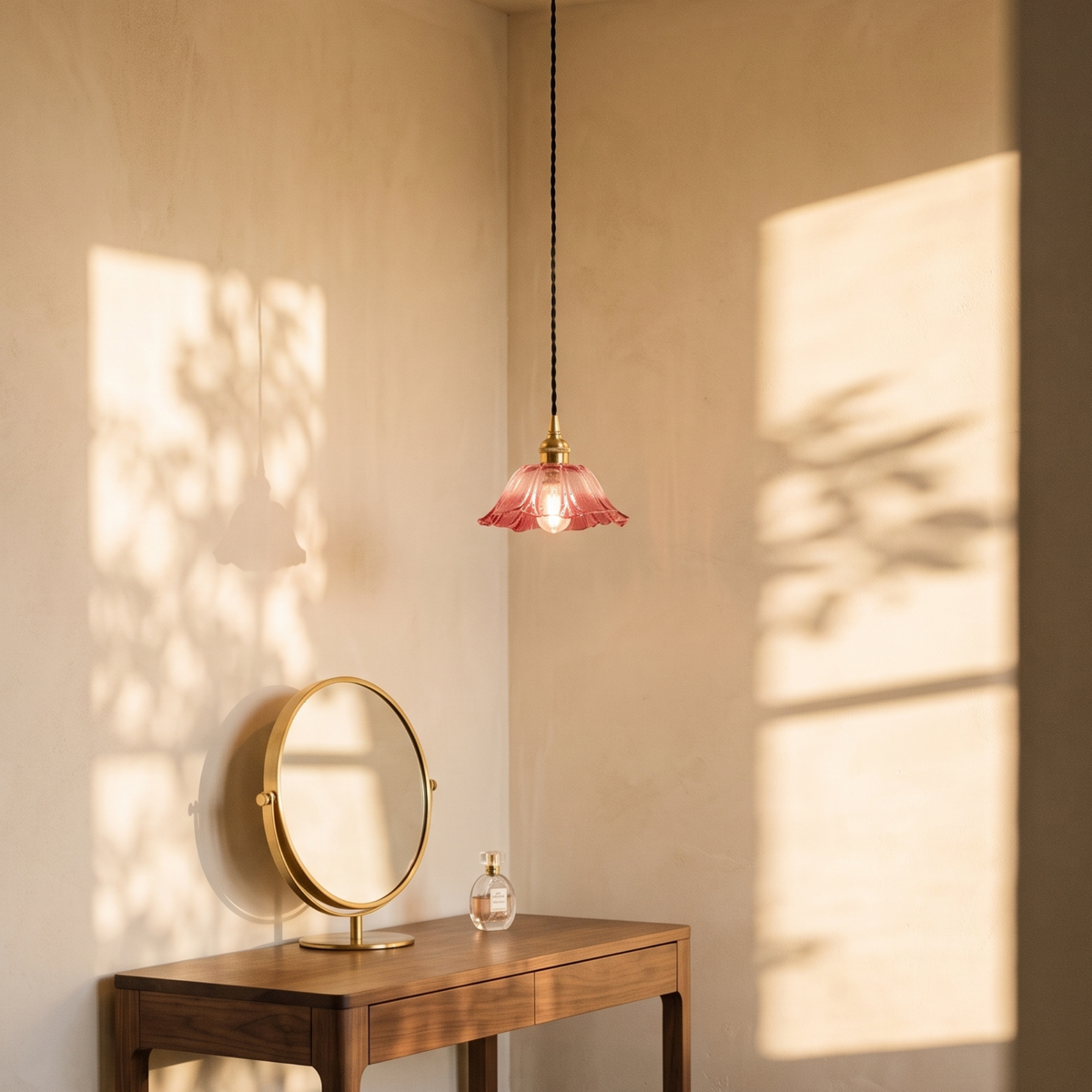 Fiorella Pendant in dusty mauve, small shade, in a dressing corner