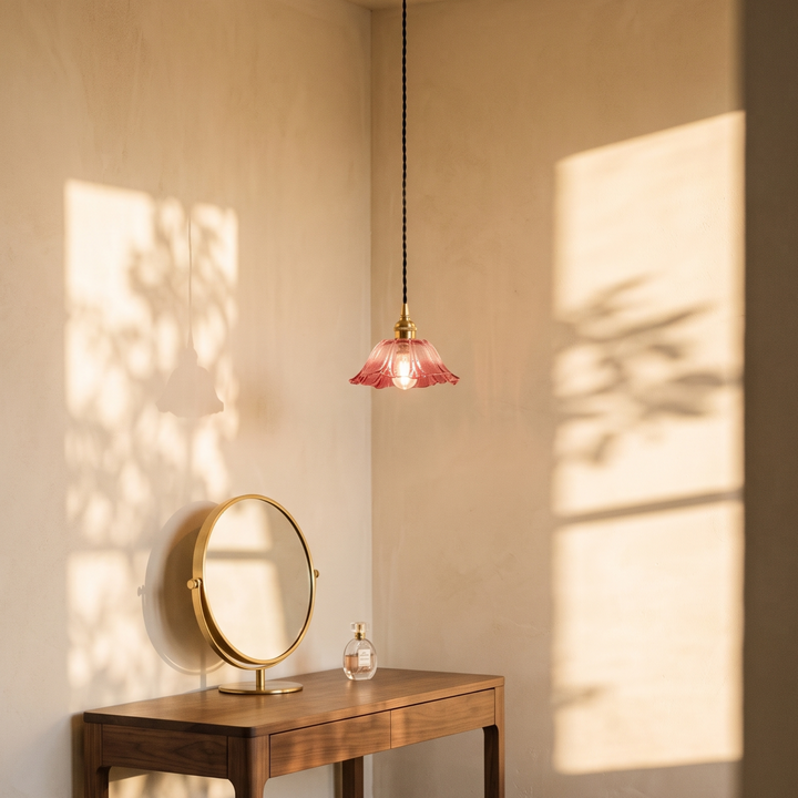 Fiorella Pendant in dusty mauve, small shade, in a dressing corner