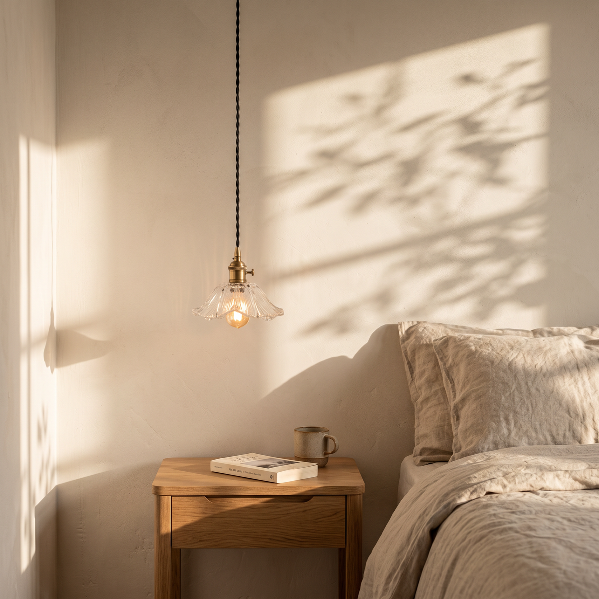Fiorella Pendant in opal white, small shade, beside a linen bed