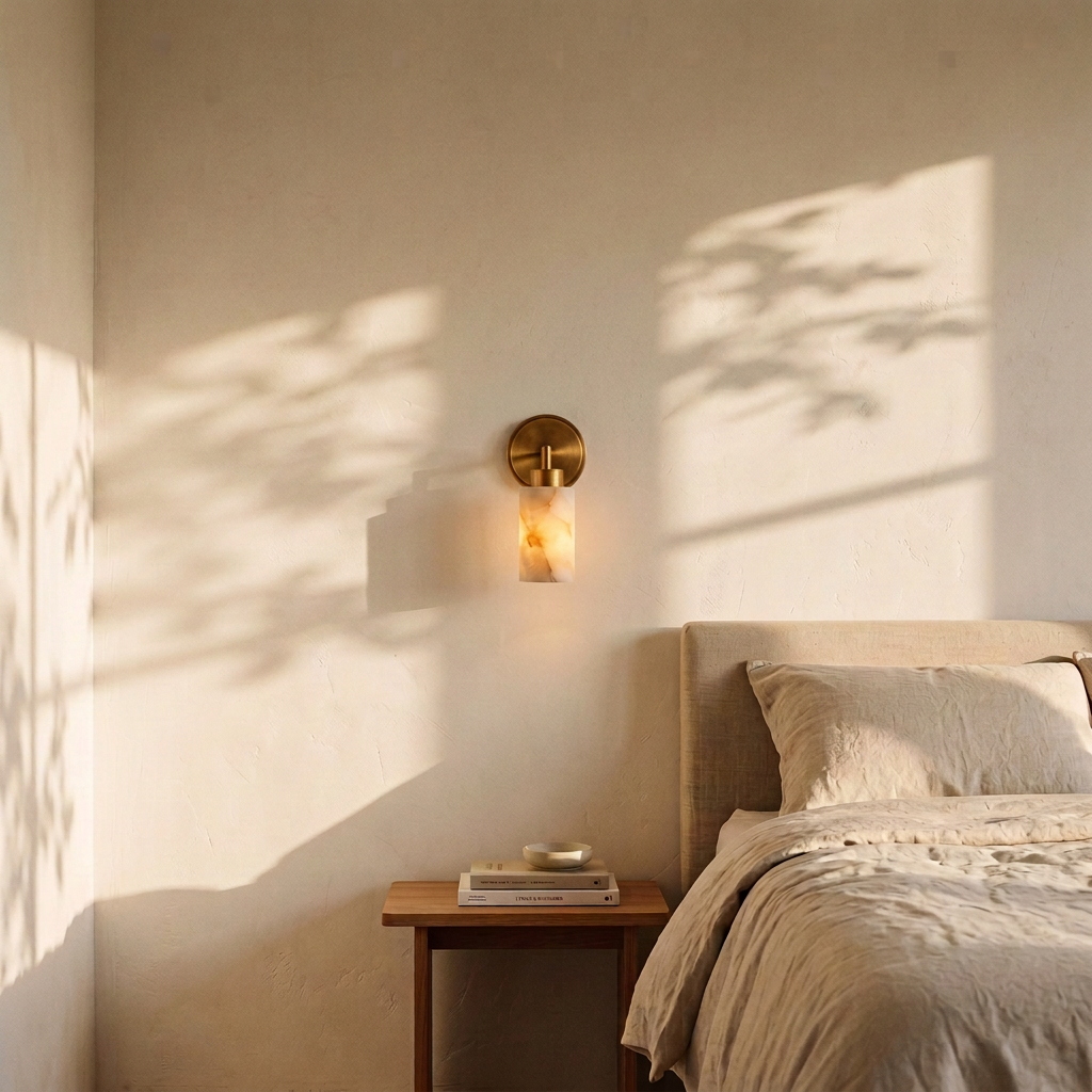 Tessara Compact marble wall sconce in copper beside a bed