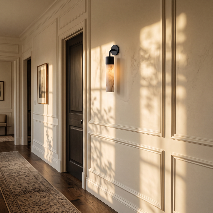 Tessara Long Tube wall sconce in black in a hallway