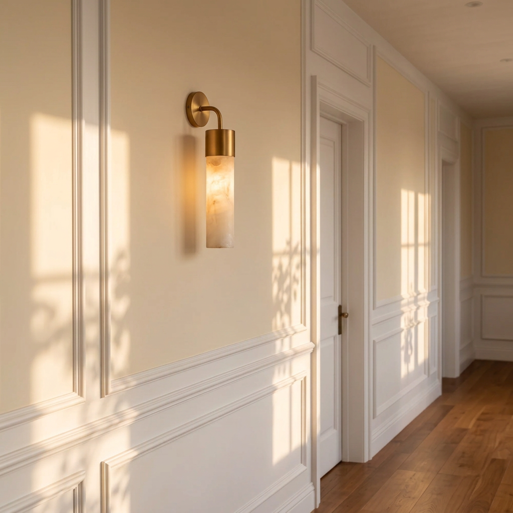 Tessara Long Tube marble wall sconce in copper lighting a corridor