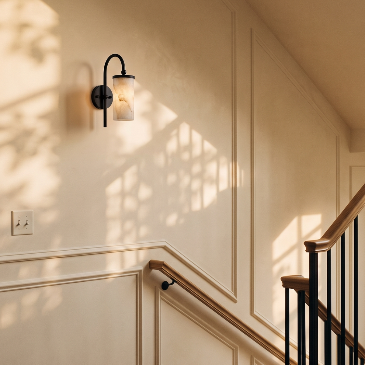 Tessara Arch wall sconce in black on a stair landing