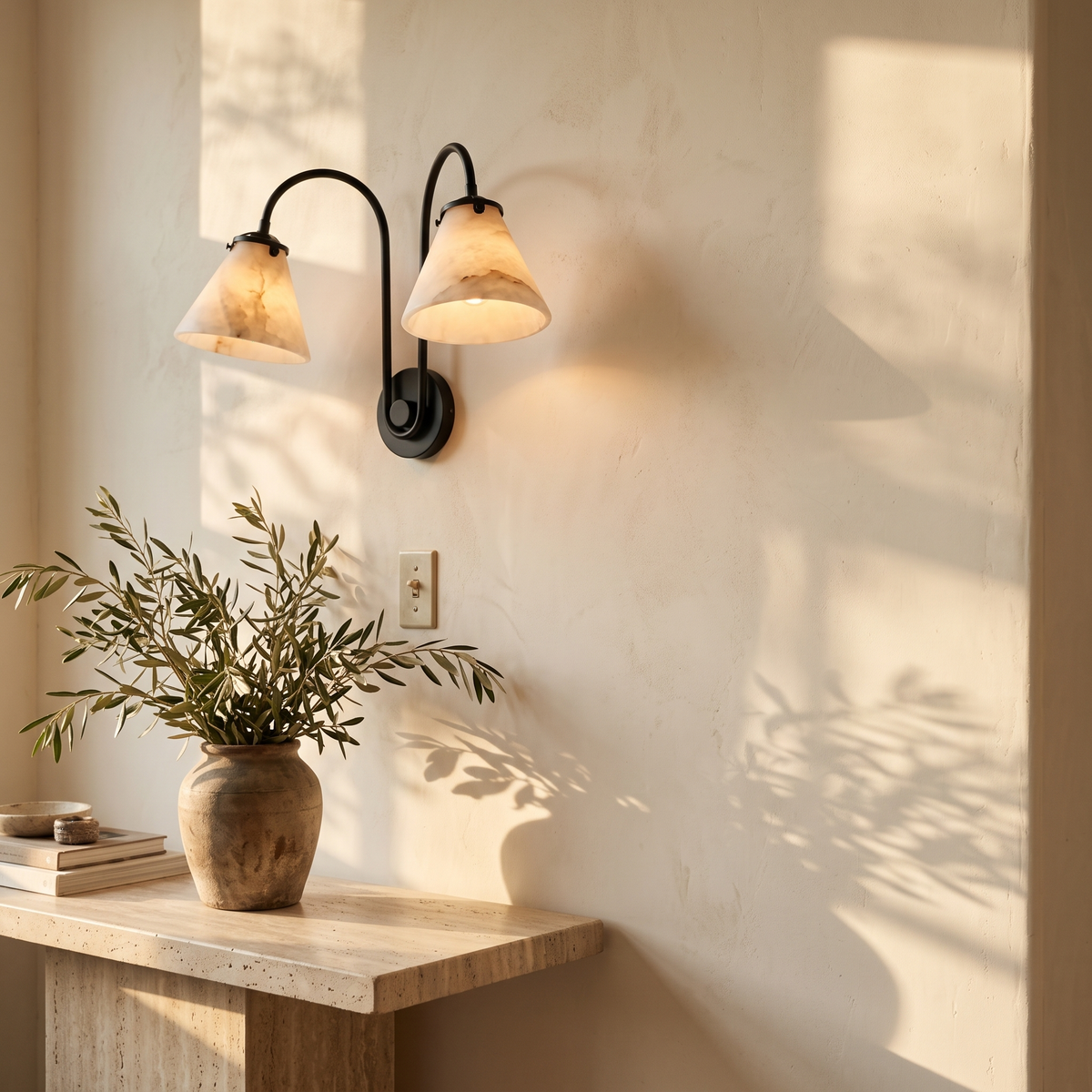 Fonteva twin marble cone sconce in black above a console
