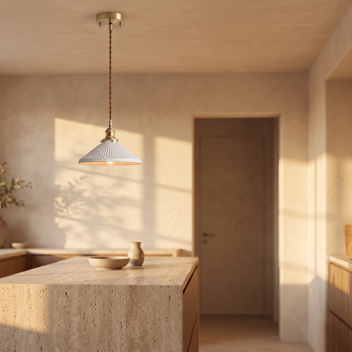 Bellora Cone pendant light above a travertine kitchen island