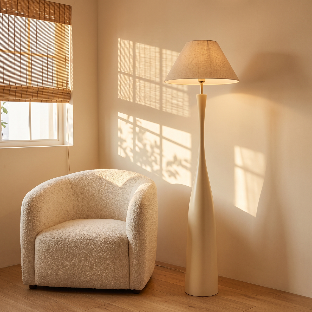 Morella beige floor lamp with 17.3 inch shade in a living room corner